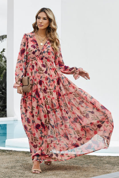 Long Sleeve Floral Print Ruffled Maxi Dress