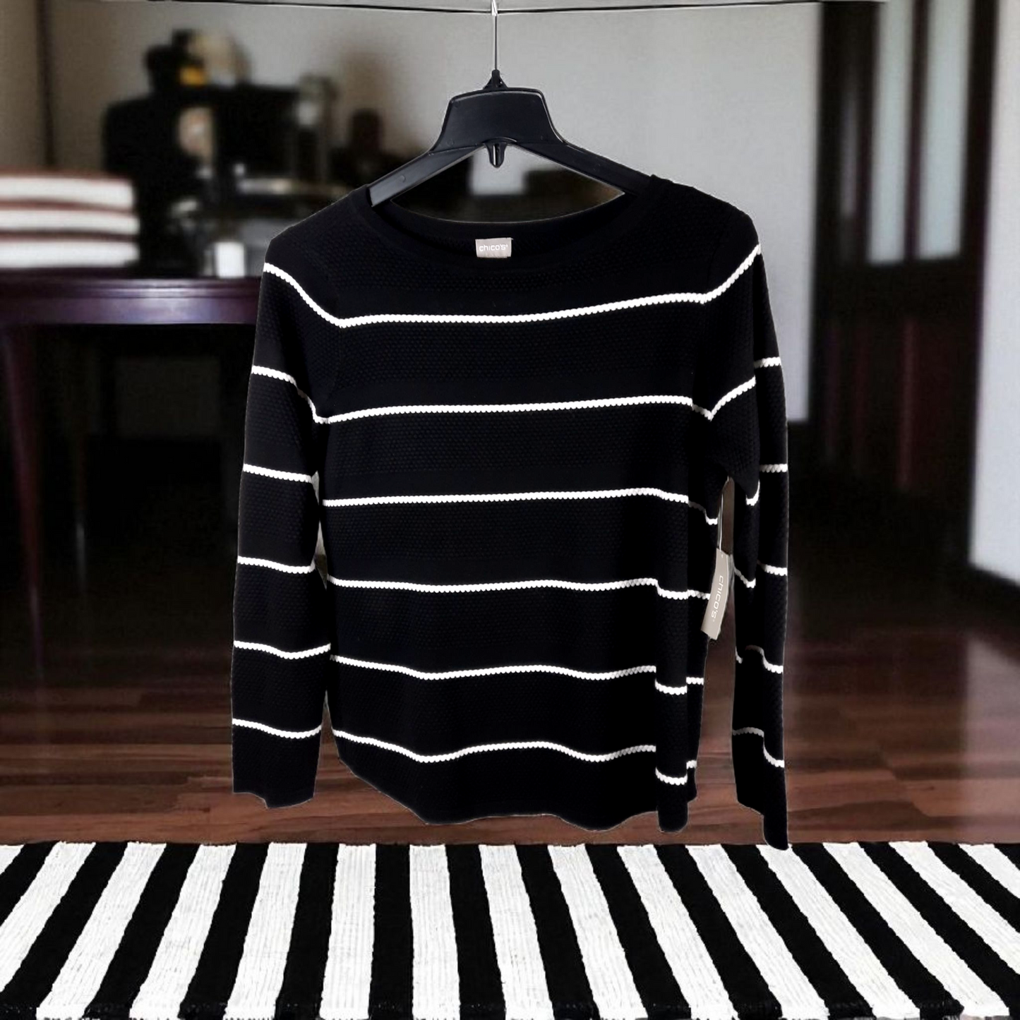 Chico's Black and White Striped Thermal Waffle Knit Sweater
