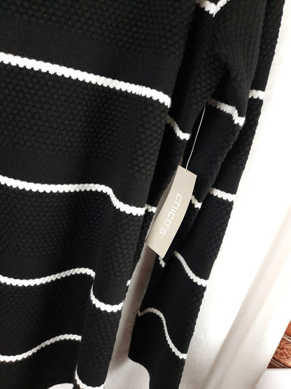 Chico's Black and White Striped Thermal Waffle Knit Sweater