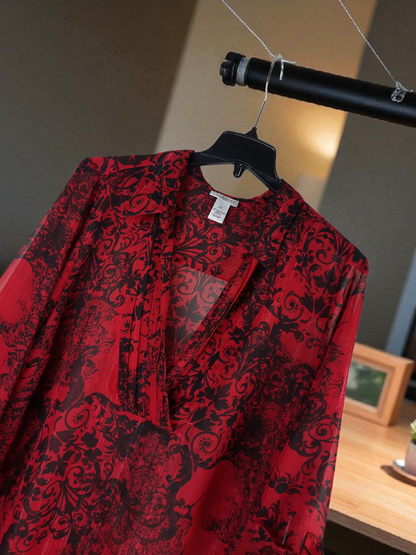 Catherines Women’s Size 2x Red Black Top Deep V-neck Pleated Flowy