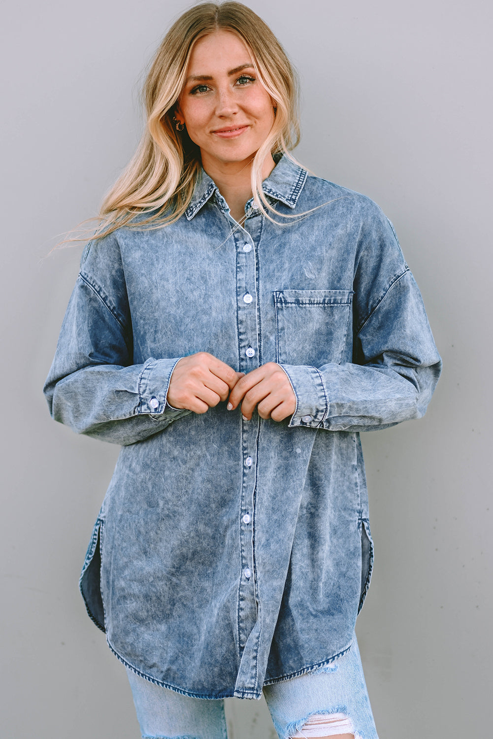 Long Sleeve Button-down Factory Faded Denim Blue Jen Shirt