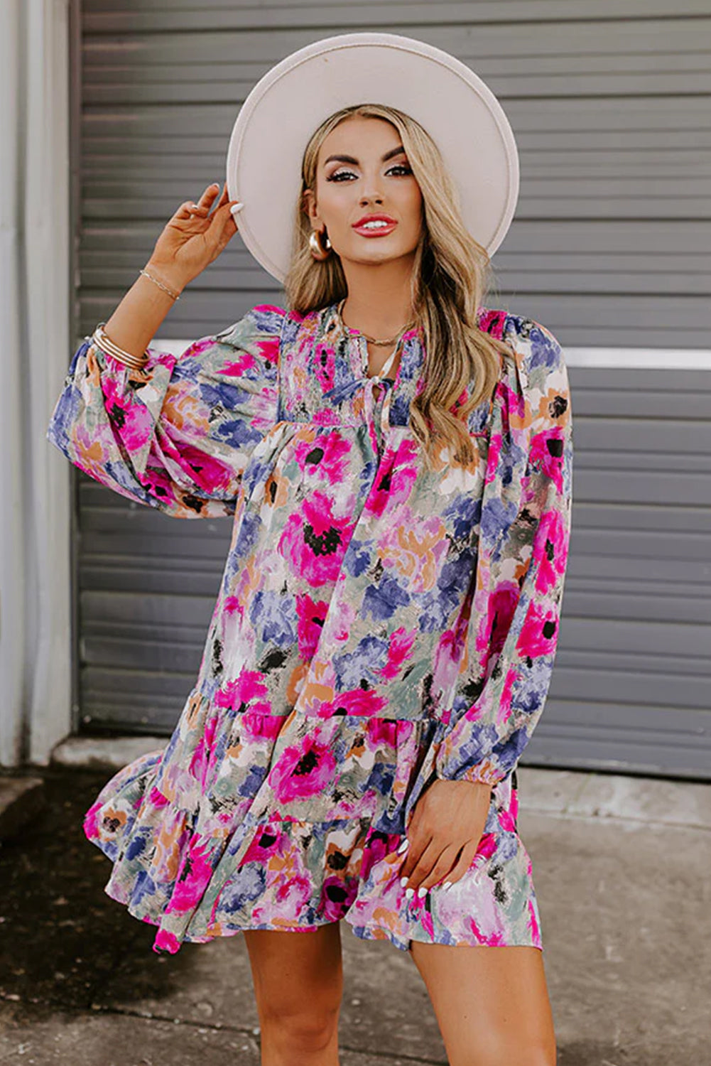 Long Sleeve V-neck Smocked Floral Print Mini Dress