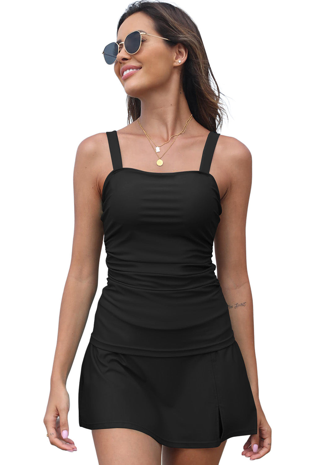 Sleeveless Black Solid Square Neck Tankini Swimsuit