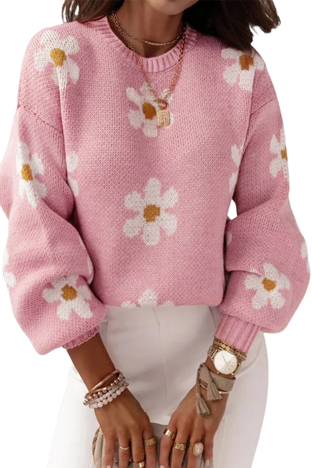 Long Sleeve Pink knit sweater with Daisies