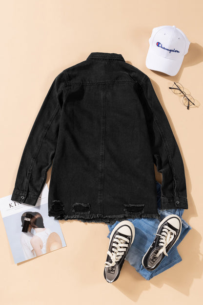 Long Sleeve Button-Down Black Ripped Denim Jean Jacket