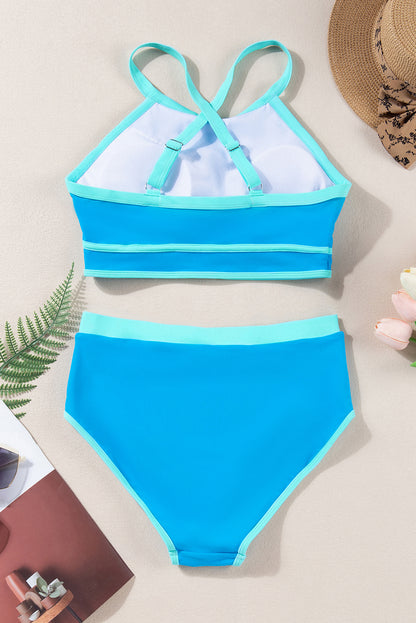 Two-piece Halter High-Waisted Blue Swimsuit/Bikini