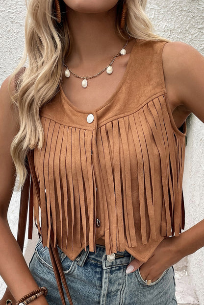 Sleeveless Snap Front Fringe Brown Cropped Western  Jacket