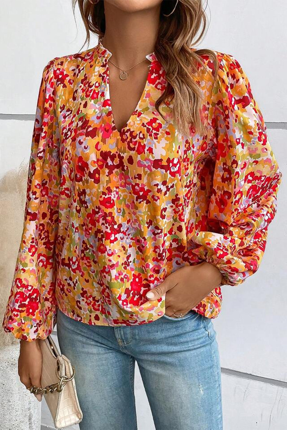 Long Sleeve Floral Print V-neck Top