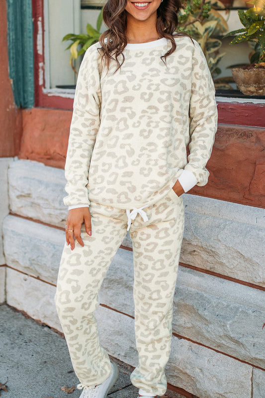 Off White Leopard Print Pullover Sweatshirt and Drawstring Pants Lounge Set