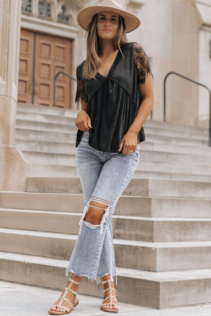 Short Sleeve V-neck Black Lacey Top