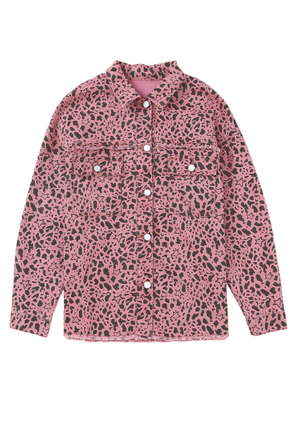 Long Sleeve Button-down Pink Leopard Print Denim Jean Jacket