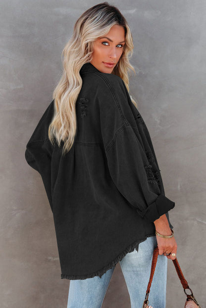 Long Sleeve Button-down Black Denim Shirt/Jacket