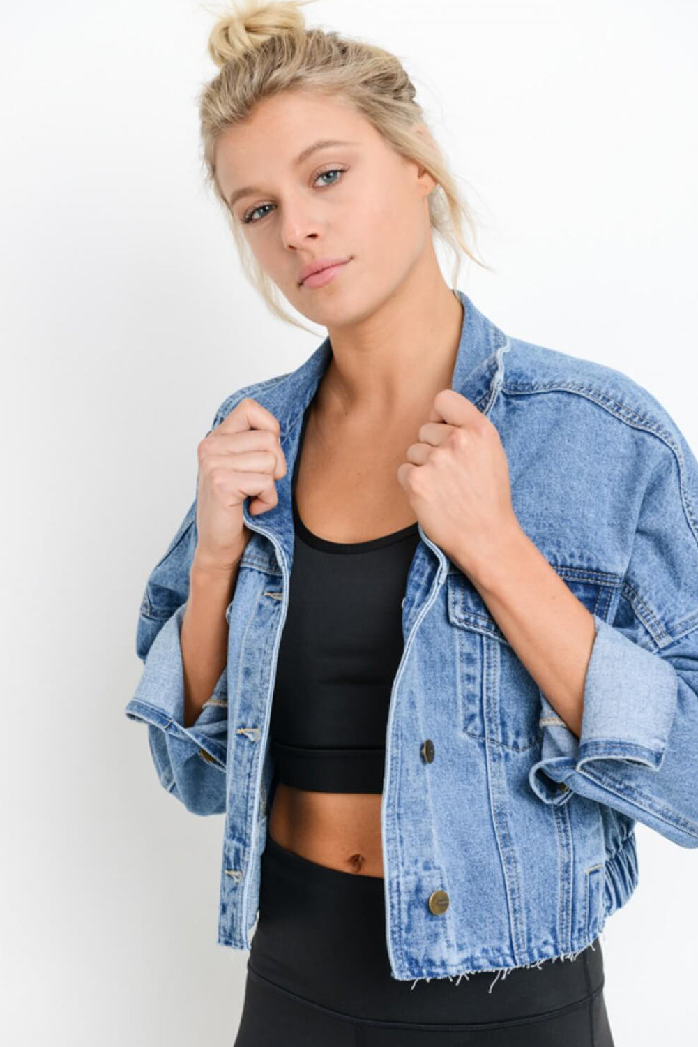 Long Sleeve Drop Shoulder Button-down Cropped Denim Blue Jean Jacket