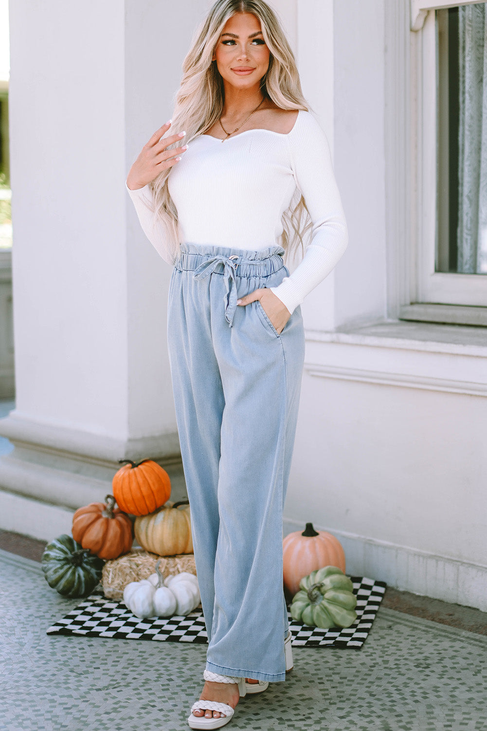 High Rise Wide Leg Chambray Denim Blue Jeans