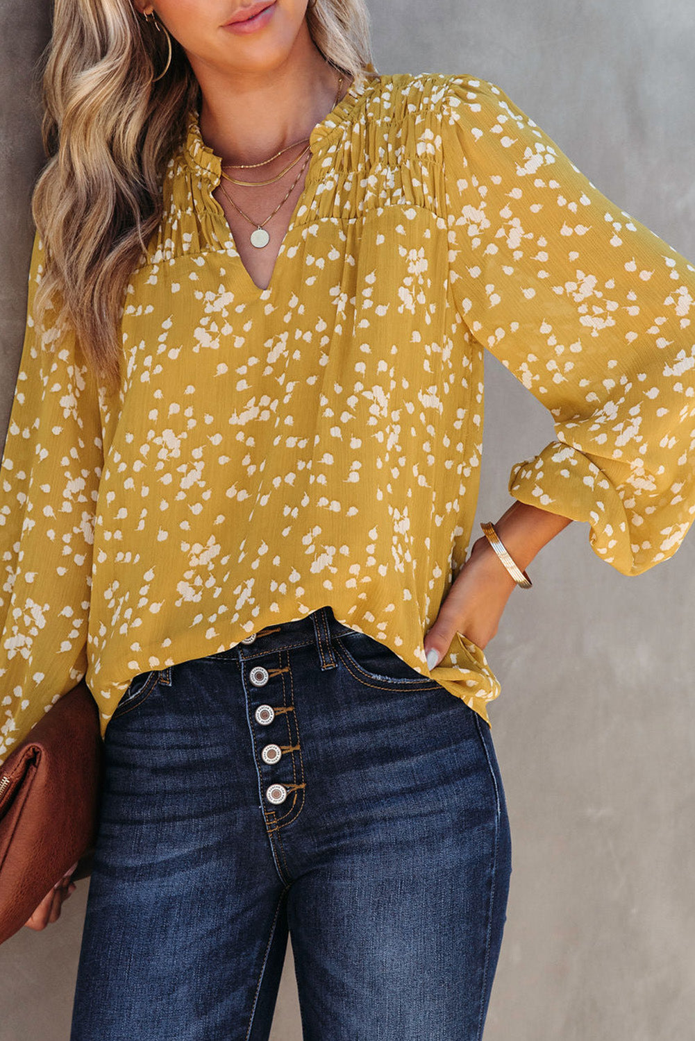 Long Sleeve V-neck Floral Print Top