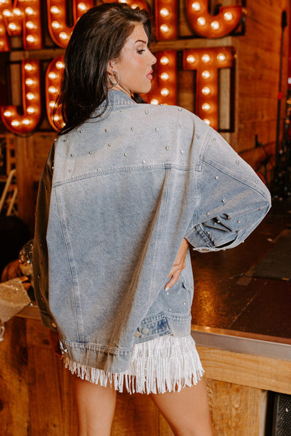 Long Sleeve Button-down Rhinestone Embellished Denim Jean Jacket