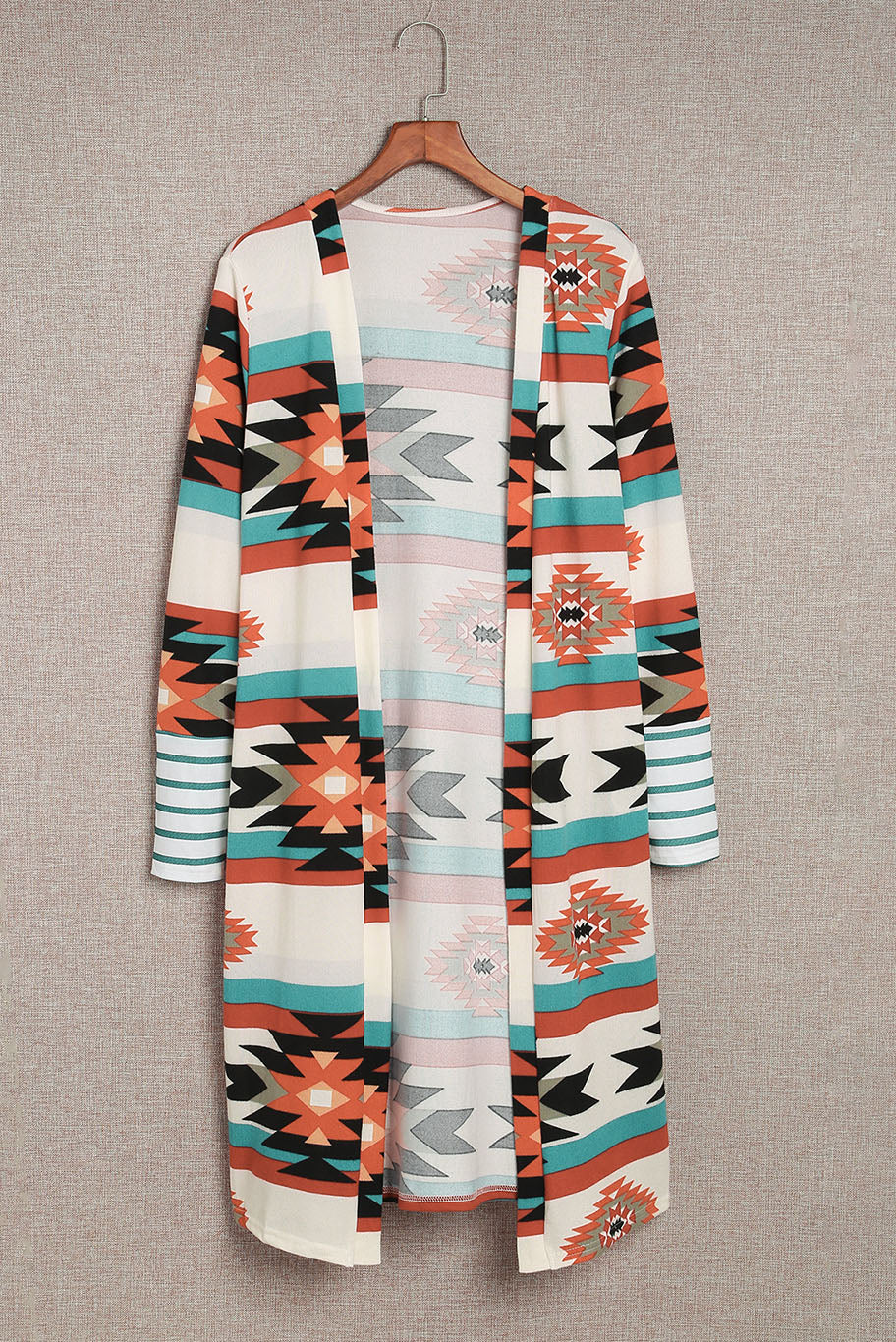 Long Sleeve Open Front Aztec Print Duster/Cardigan