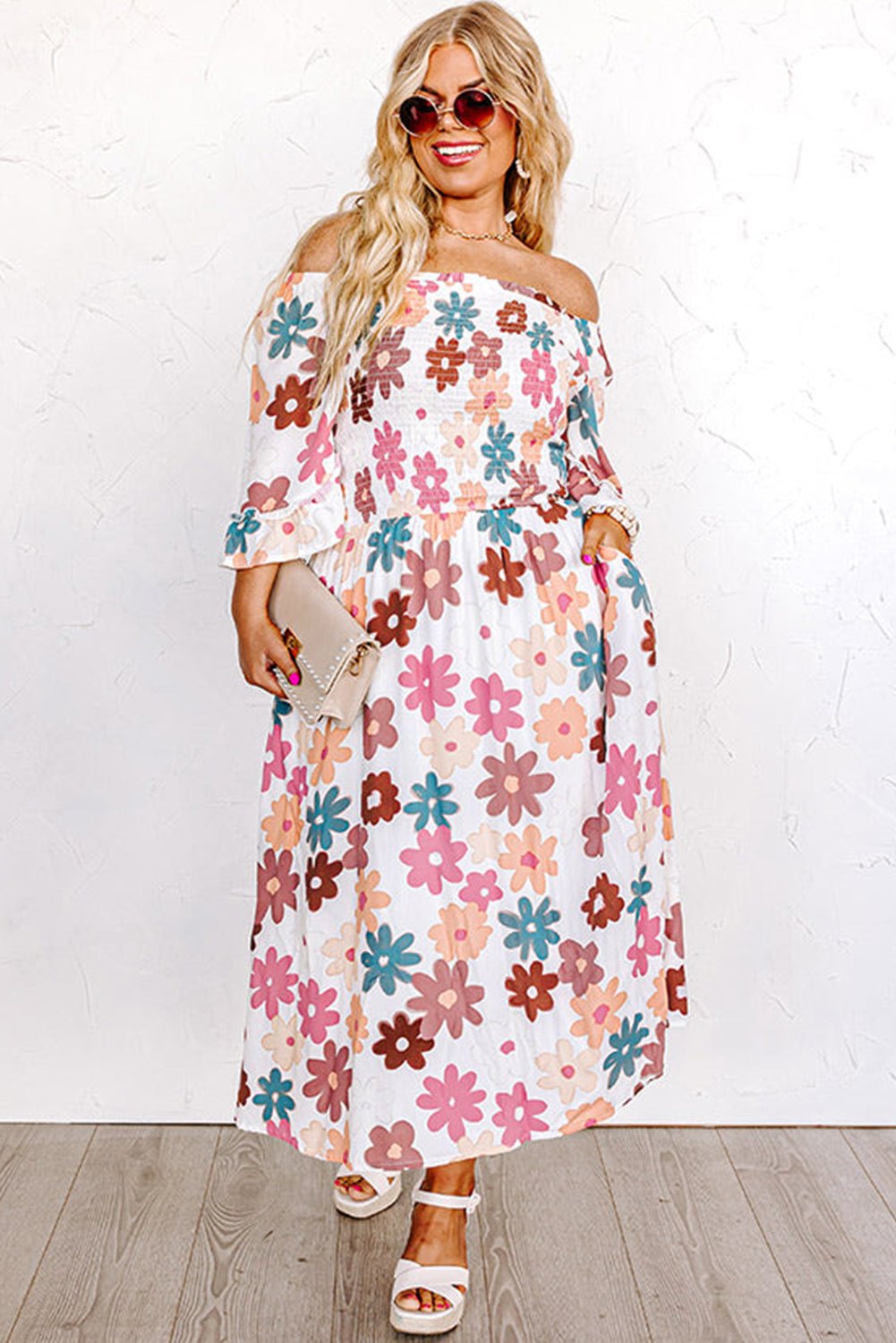 1/2 Sleeve Off the Shoulder Smocked Plus Size Midi Dress