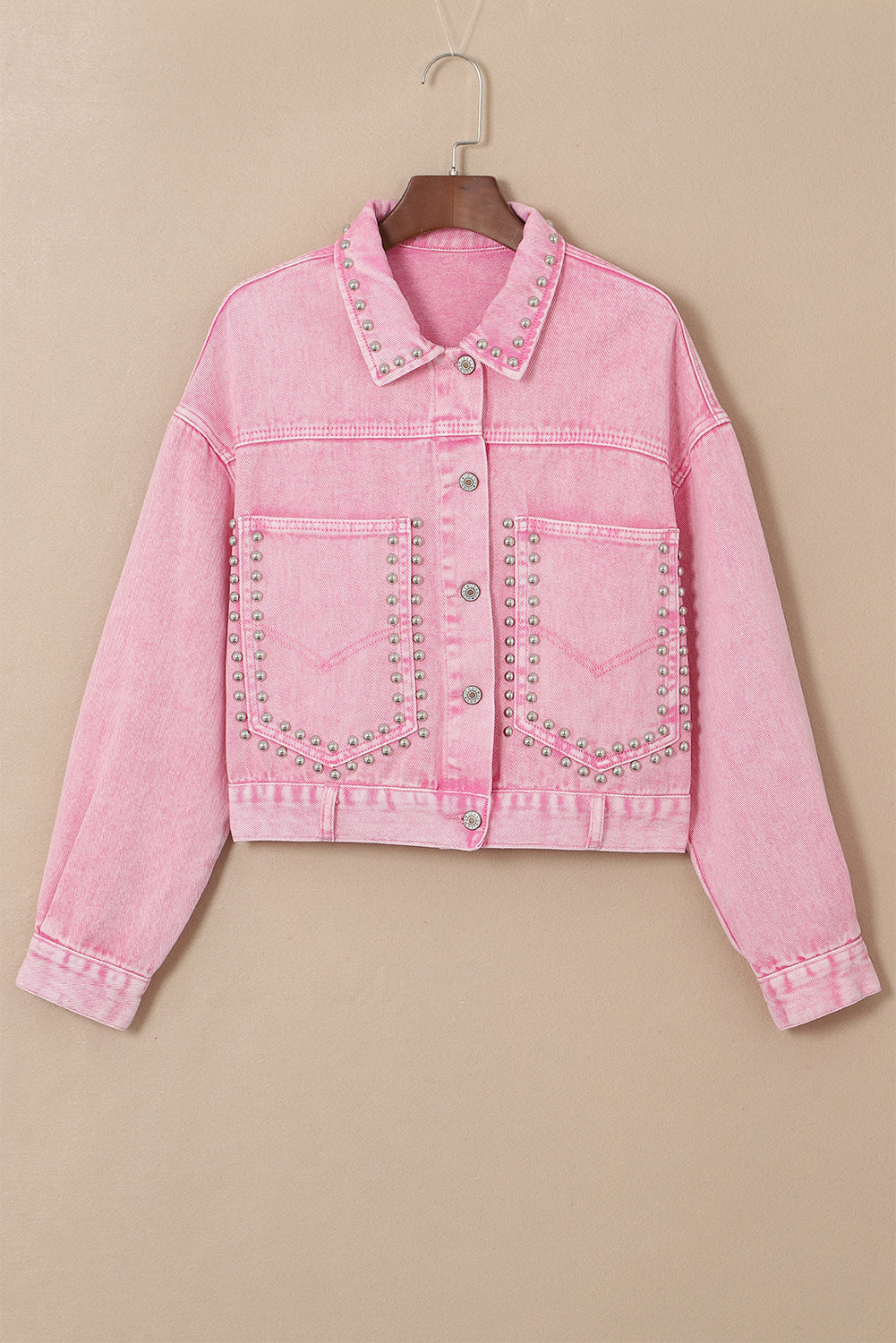 Long Sleeve Button-down Pink Studded Denim Jean Jacket