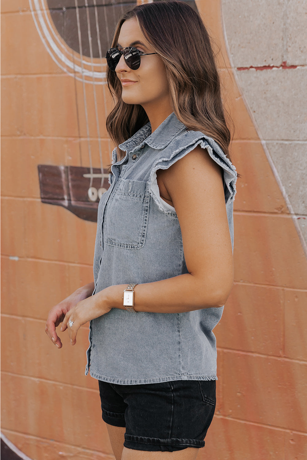 Flutter Sleeve Button-down Denim Jean Shirt