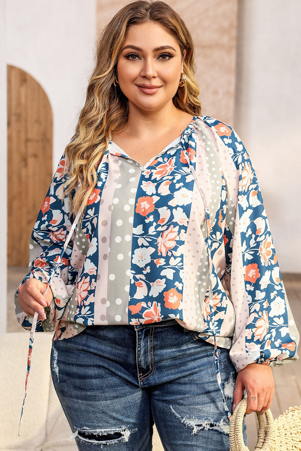 Long Sleeve Floral Print V-neck Plus-size Blouse