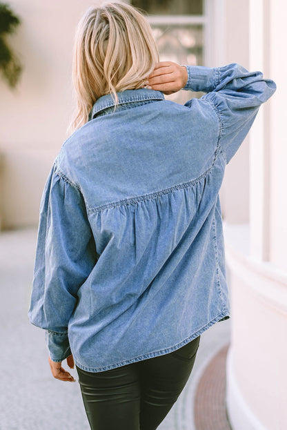 Long Sleeve Button-Down Denim Blue Jean Shirt