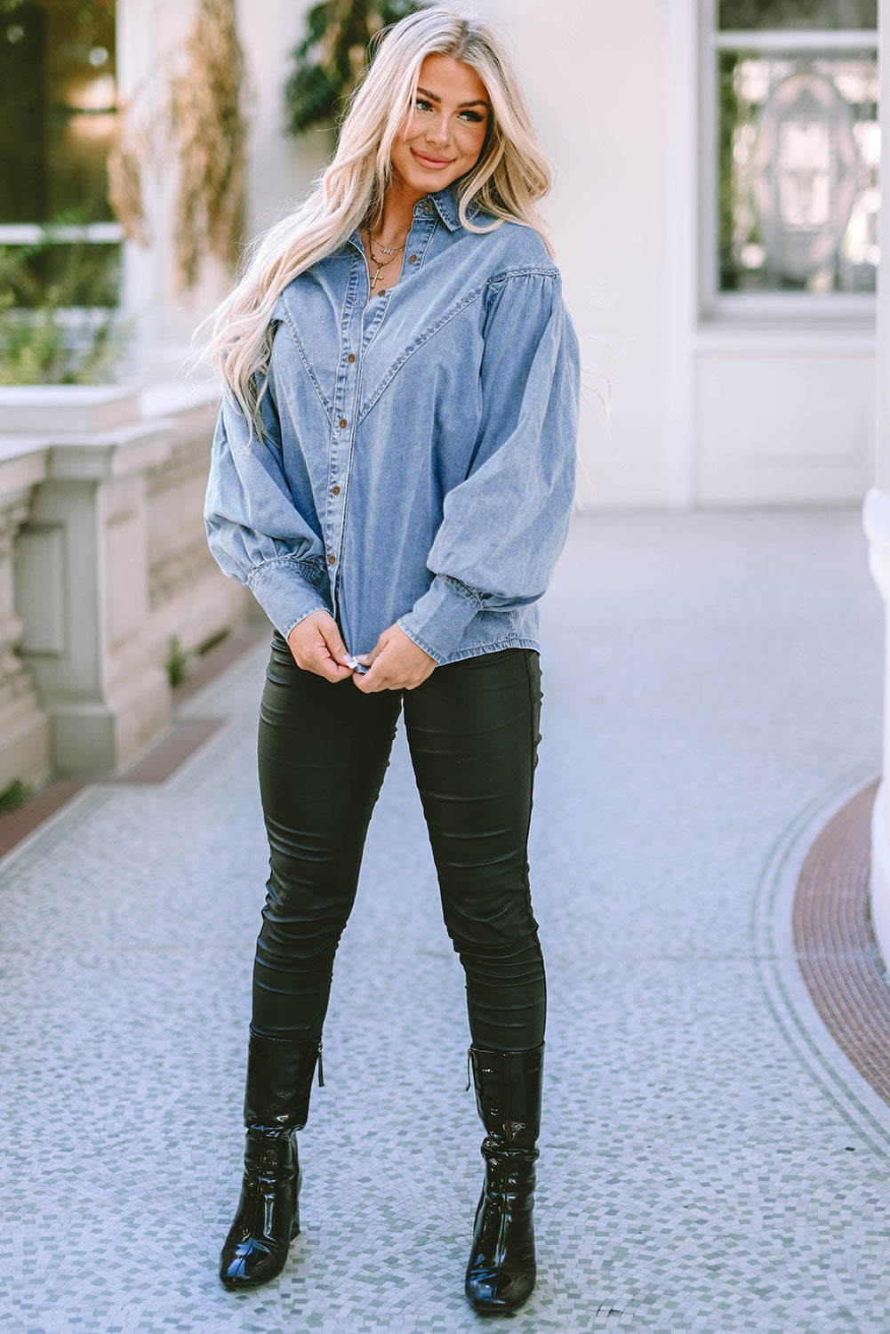 Long Sleeve Button-Down Denim Blue Jean Shirt