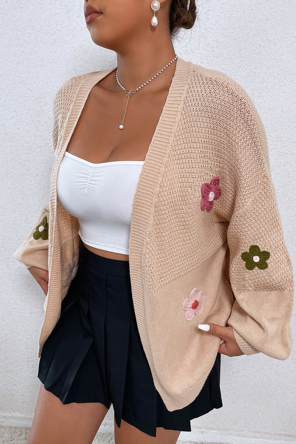 Tan Floral Print Open Front Cardigan Sweater