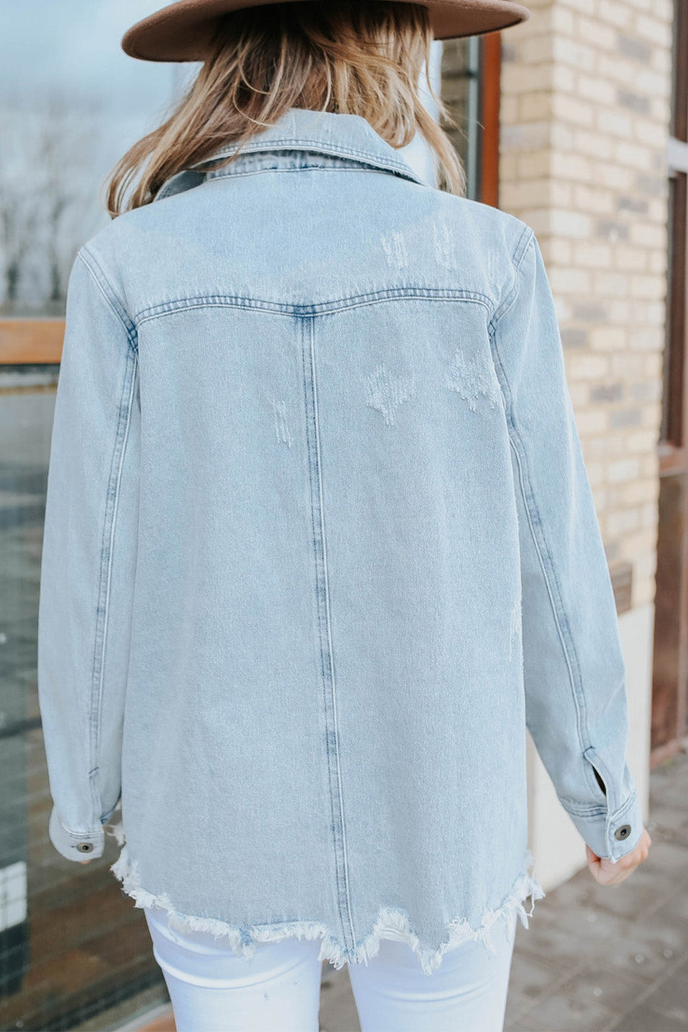 Long Sleeve Button-down Distressed Denim Blue Jean Shirt