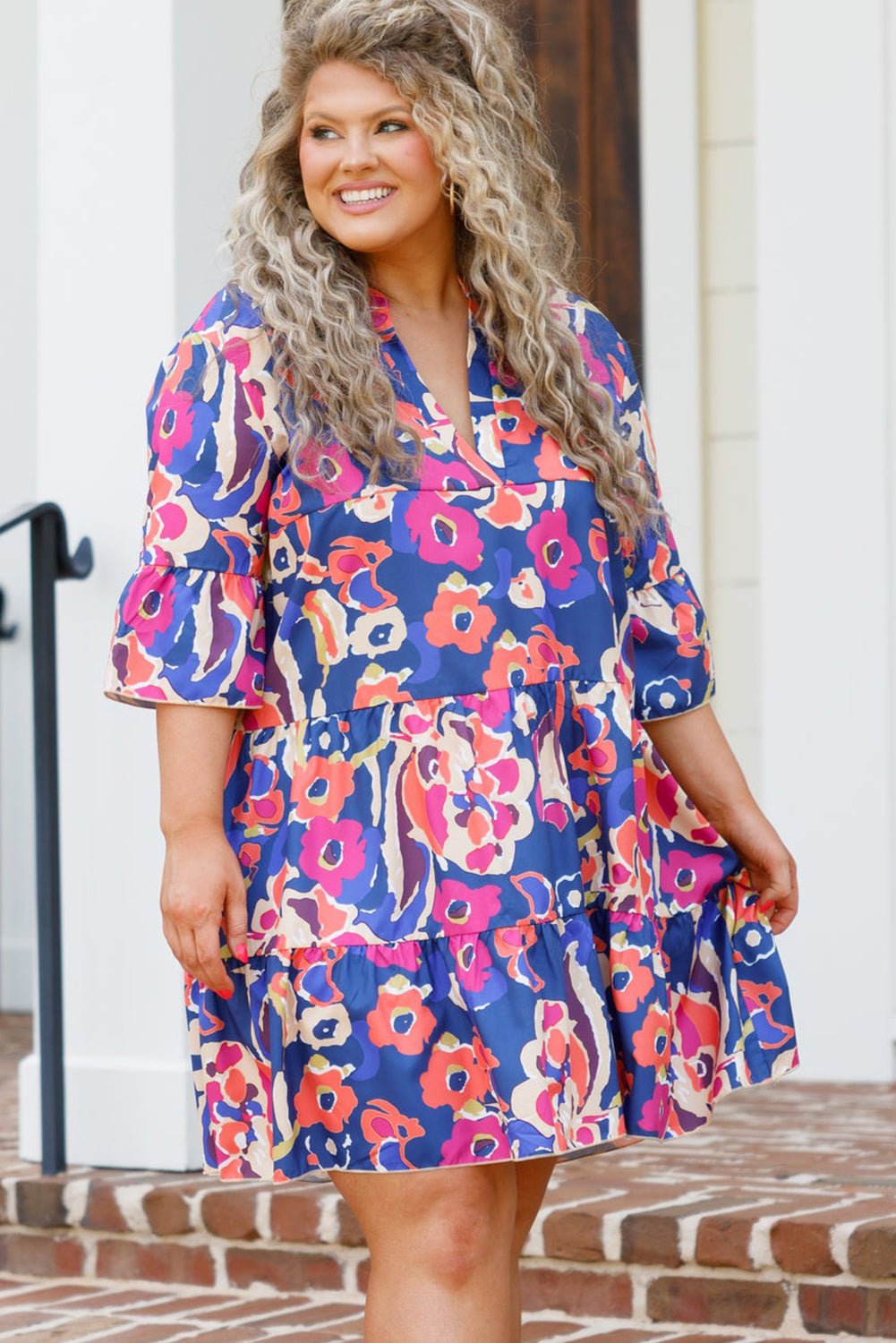 3/4 Sleeve Plus Size Floral Print Ruffled Mini Dress