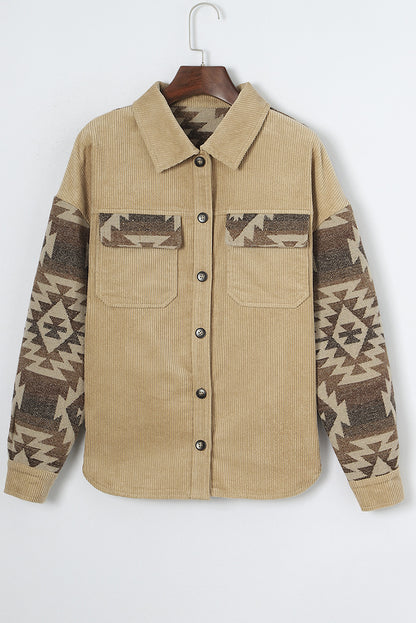 Long Sleeve Button-down Aztec Print Corduroy Jacket