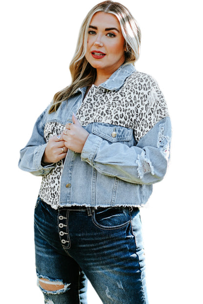 Long Sleeve Button-down Denim Leopard Print Jean Jacket