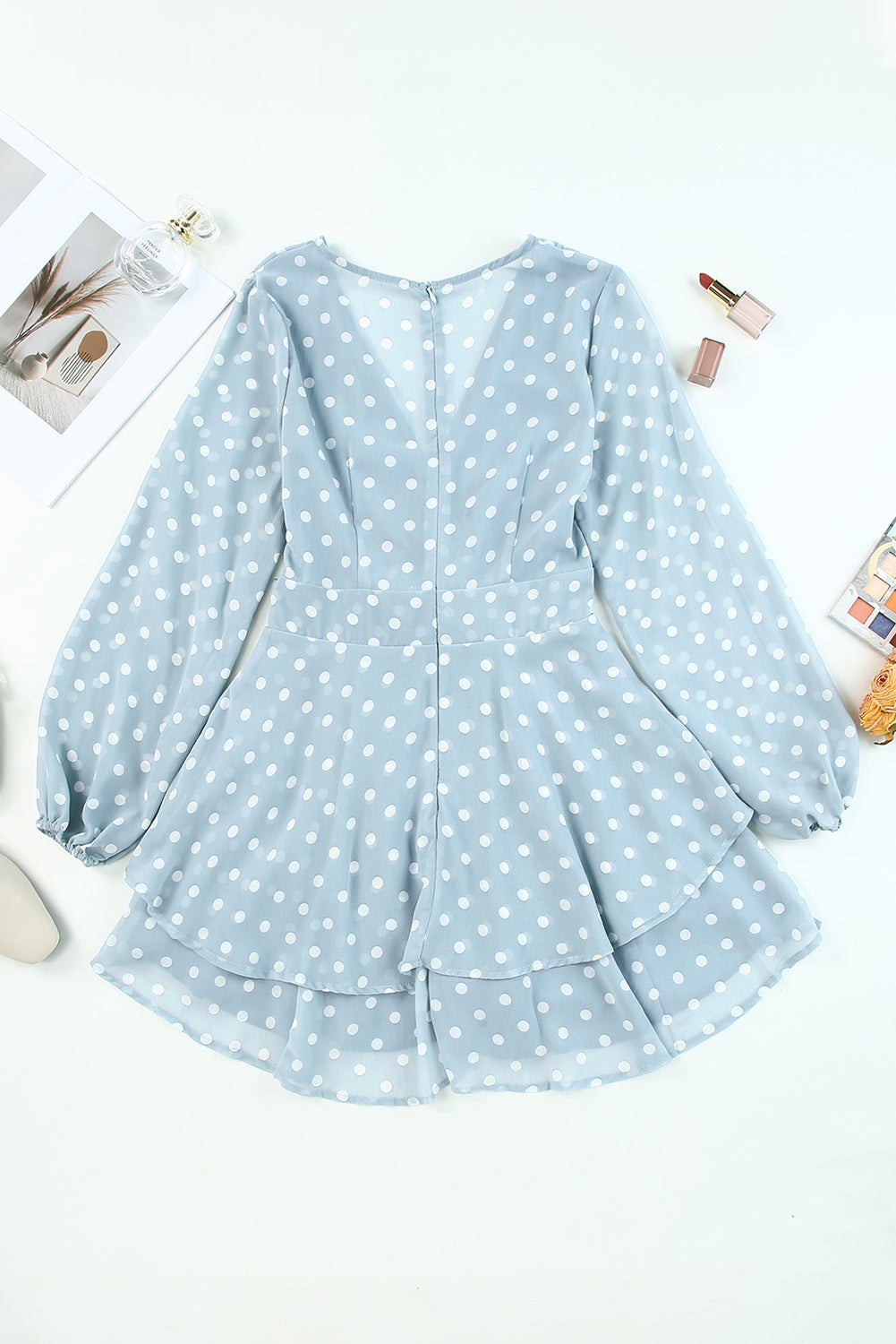 Long Sleeve Blue and White Polka-dot Wrap Dress