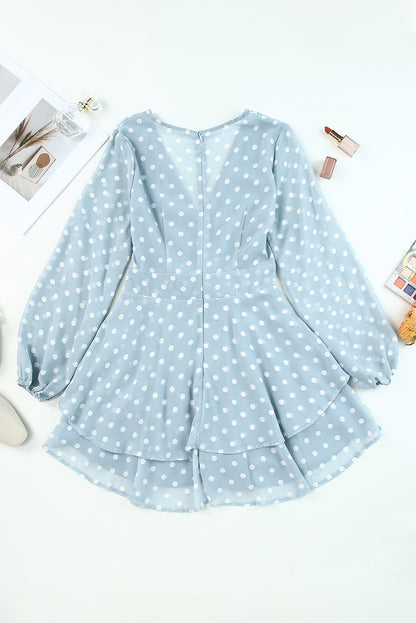 Long Sleeve Blue and White Polka-dot Wrap Dress