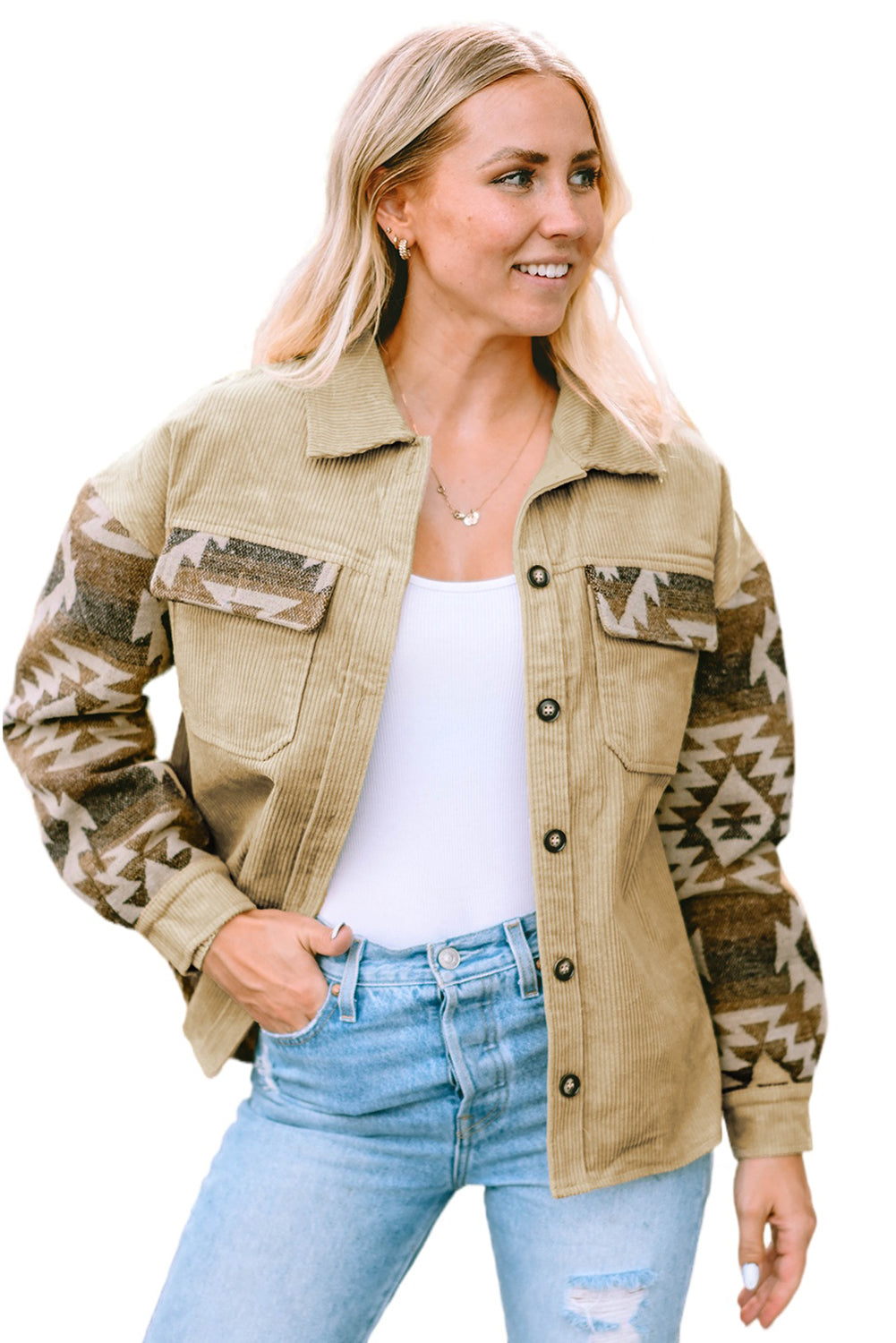 Long Sleeve Button-down Aztec Print Corduroy Jacket