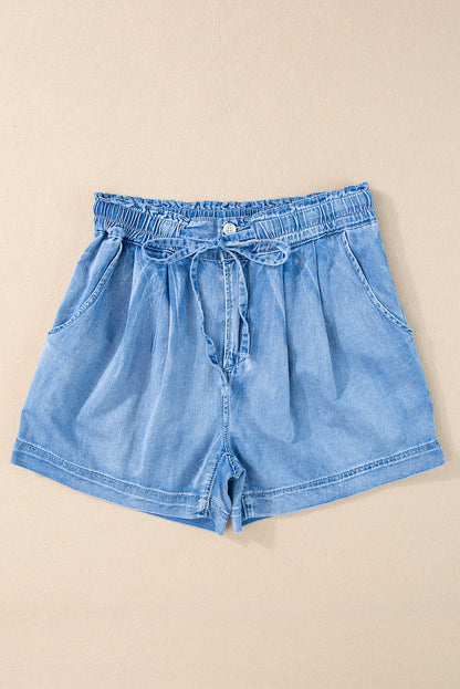 High Rise Drawstring Waist Chambray Denim Blue Jean Shorts