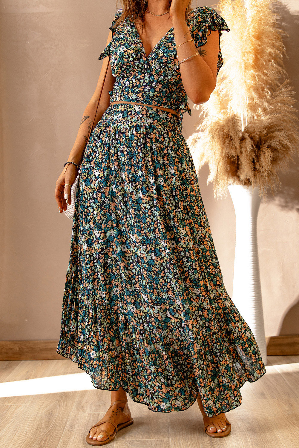 Flutter sleeve Floral Print V-neck Maxi Skirt Set