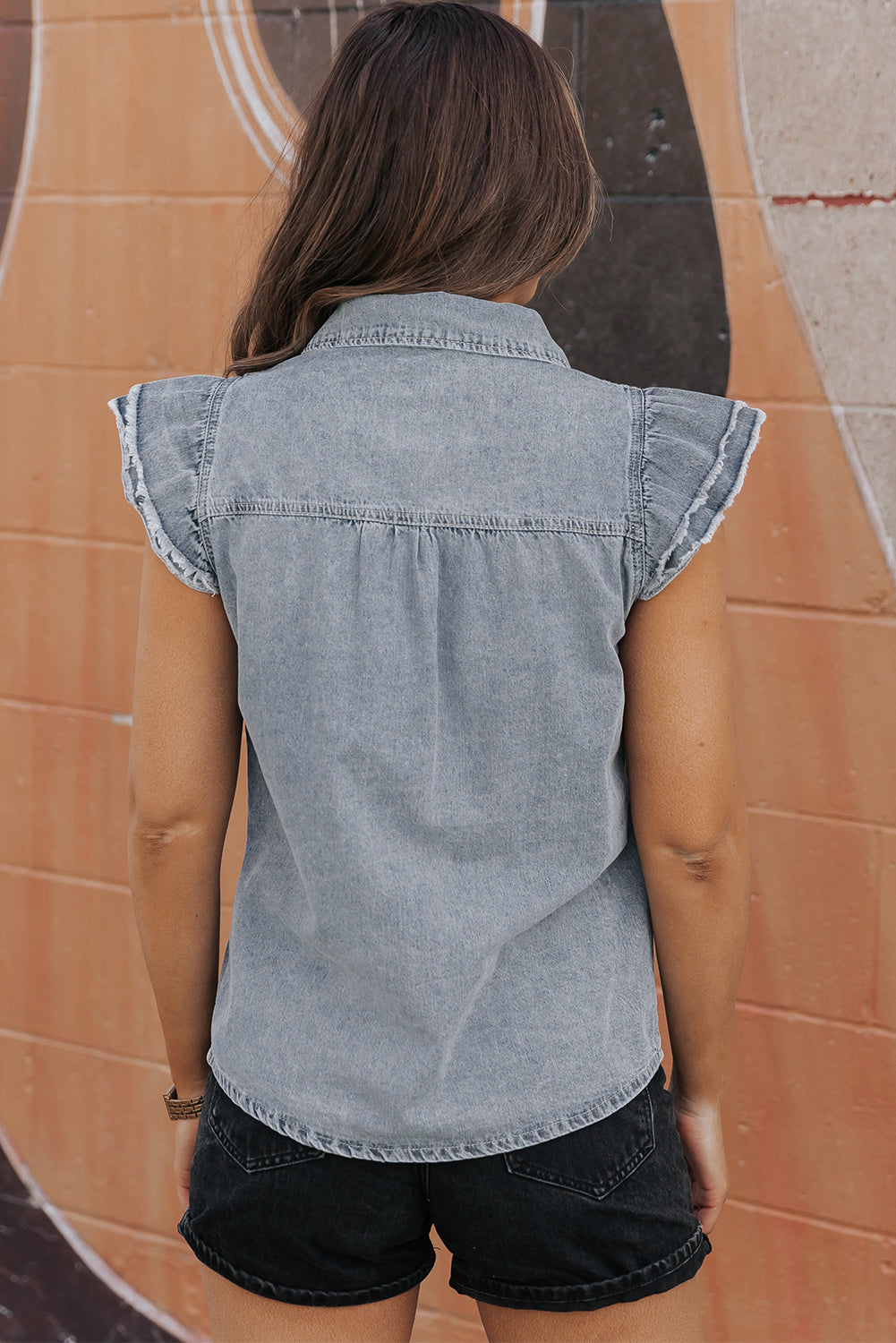 Flutter Sleeve Button-down Denim Jean Shirt