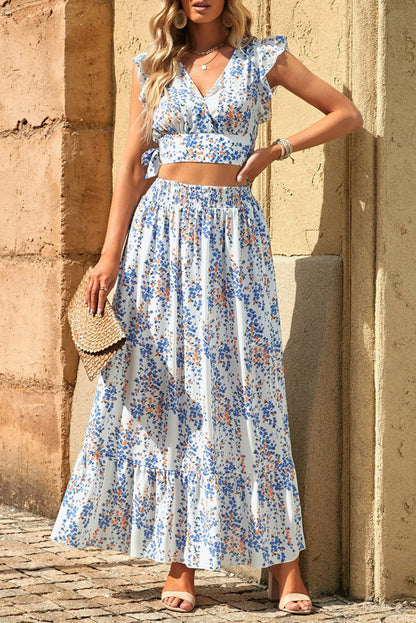 Flutter Sleeve Floral Print V-neck Maxi Skirt set