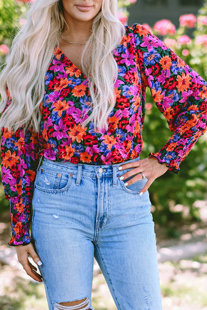 Long Sleeve Floral Print V-neck Bodysuit