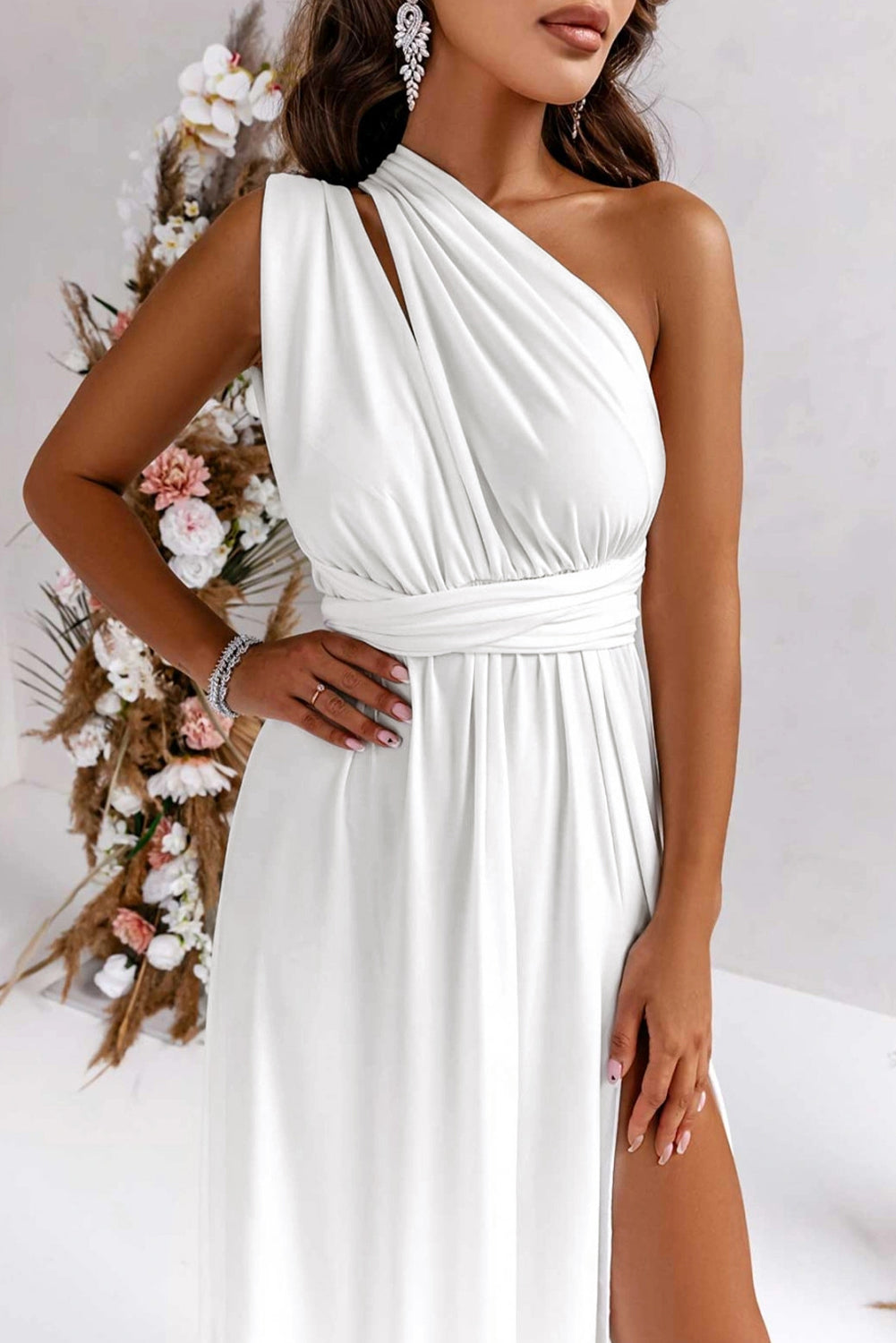 Sleeveless One-shoulder Backless White Maxi Dress