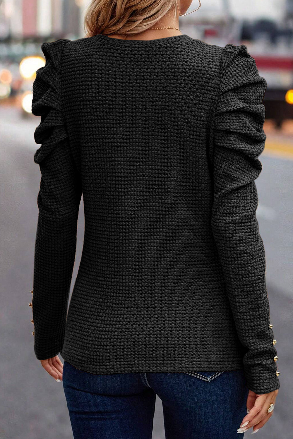 Long Sleeve Waffle knit Button Cuffs Blouse