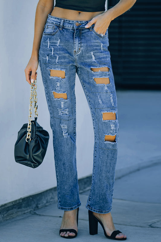 Mid-Rise Straight Leg Factory Distressed Jeans Denim Blue Jeans