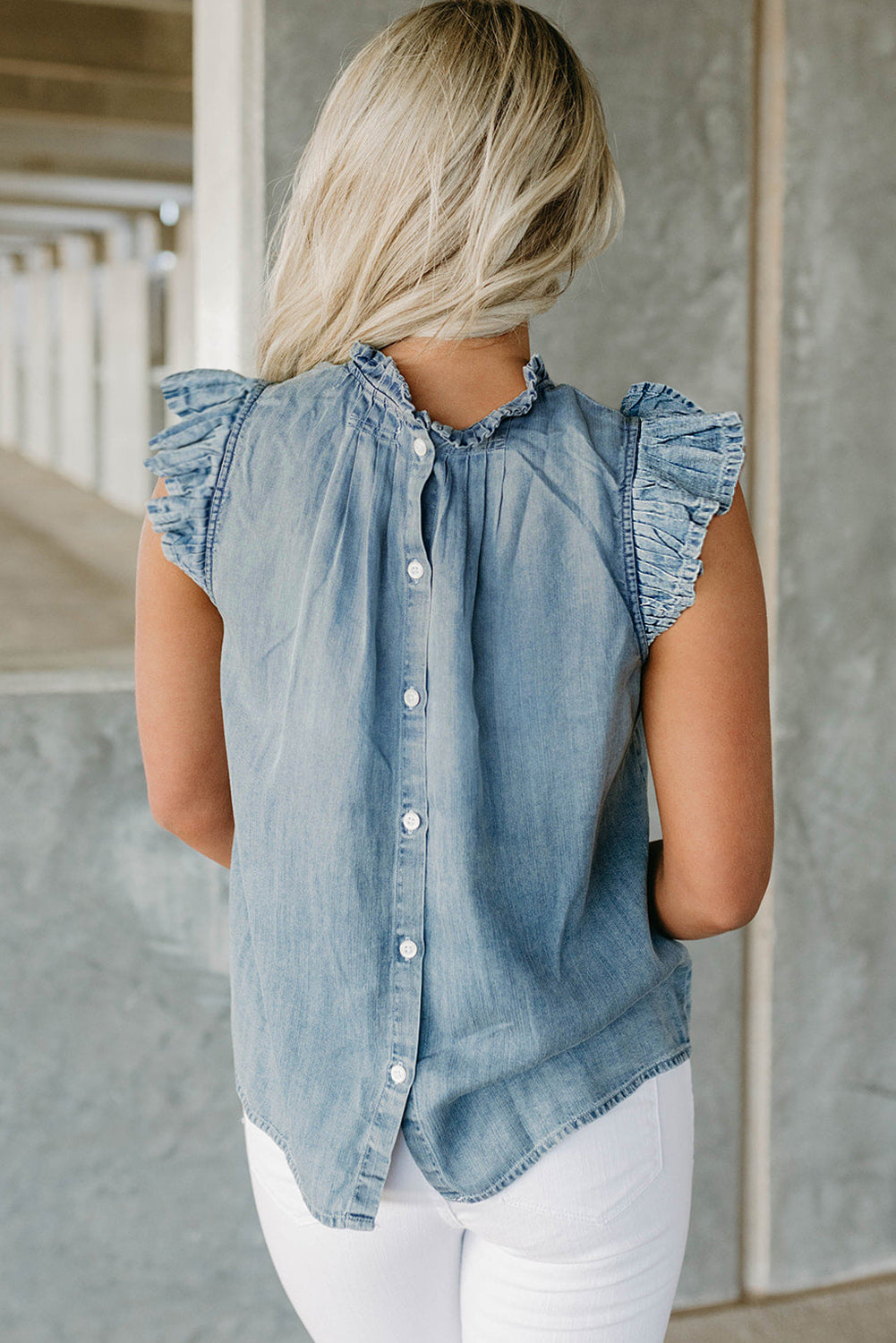 Flutter Sleeve Chambray Denim Jean Top