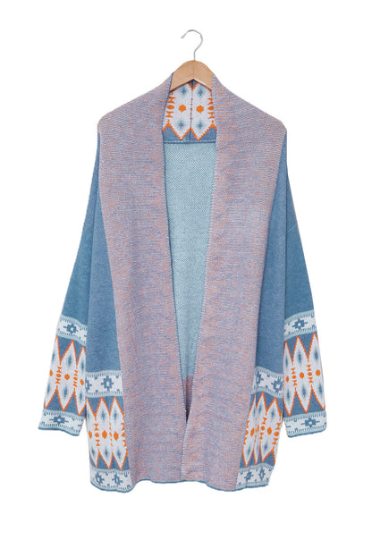 Long Sleeve Southwestern Aztec Print Long Open Front Cardigan Sweater