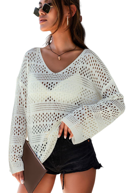 Long Sleeve Loose Knit Crochet Beach Cover-up