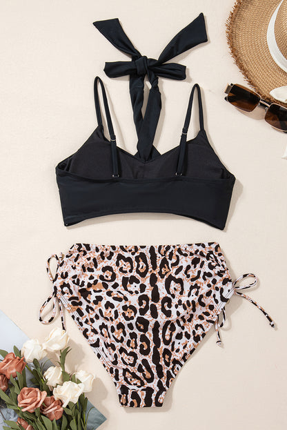 Two-piece Solid Top and Leopard Print Bottom Bikini Swimsuit