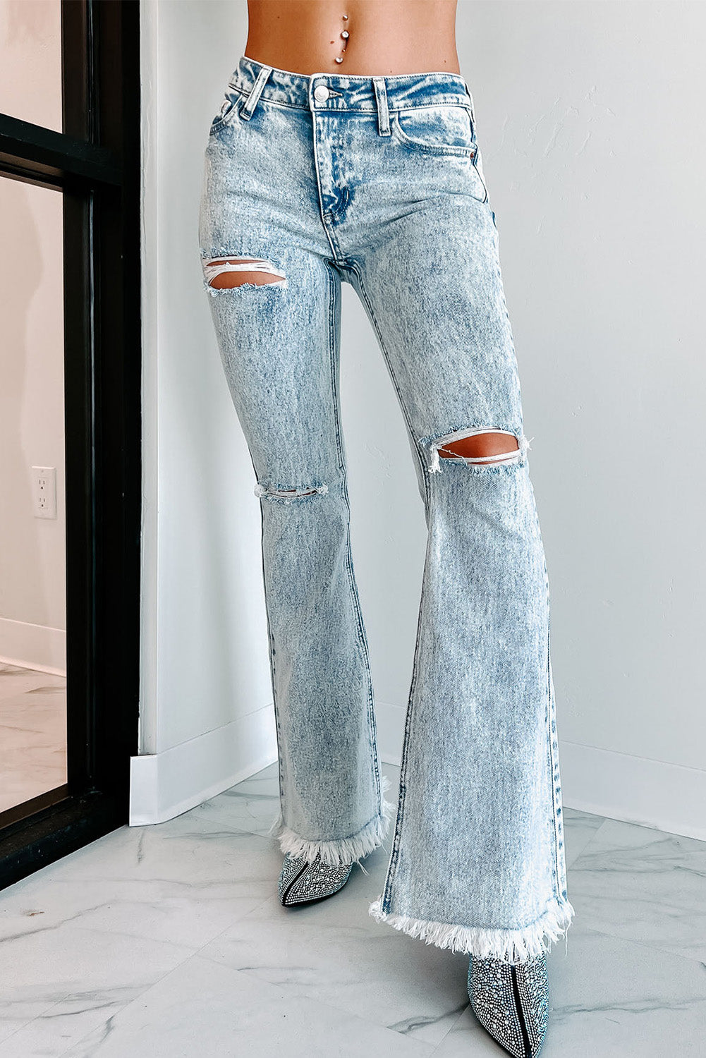 Mid-Rise Acid Wash Flare Jeans