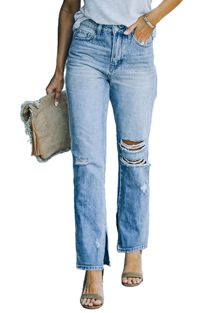 Mid Rise Straight Leg Distressed Blue Jeans