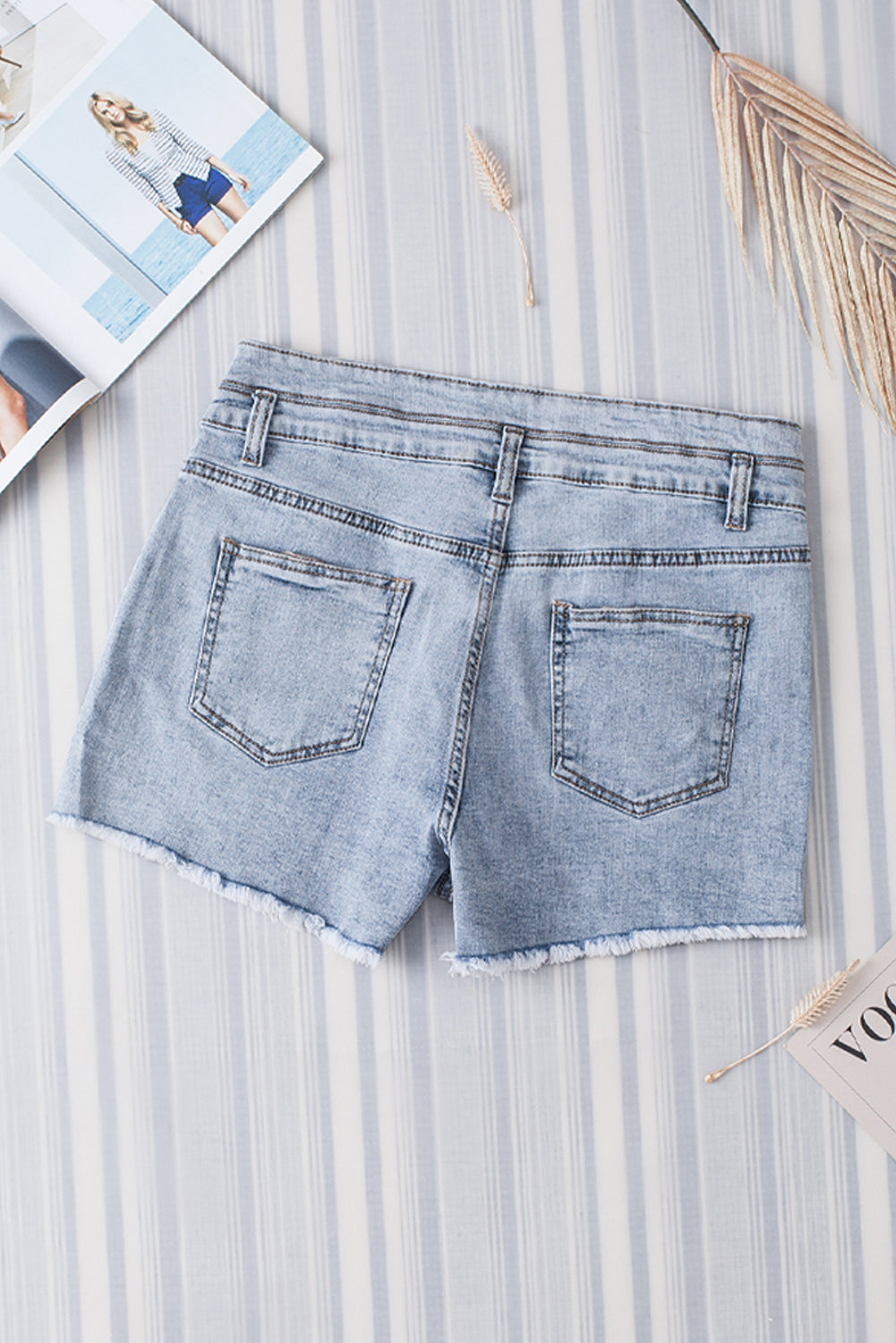 High Rise Rhinestone Embellished Denim Blue Jean Shorts